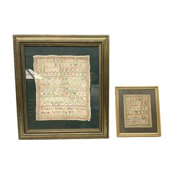 Two 19th century needlework samplers, comprising an example worked with the alphabet within a decorative border, by Mary Kirby, 8th June 1837, together with a similar smaller example, both glazed and framed, largest H55cm W49cm
