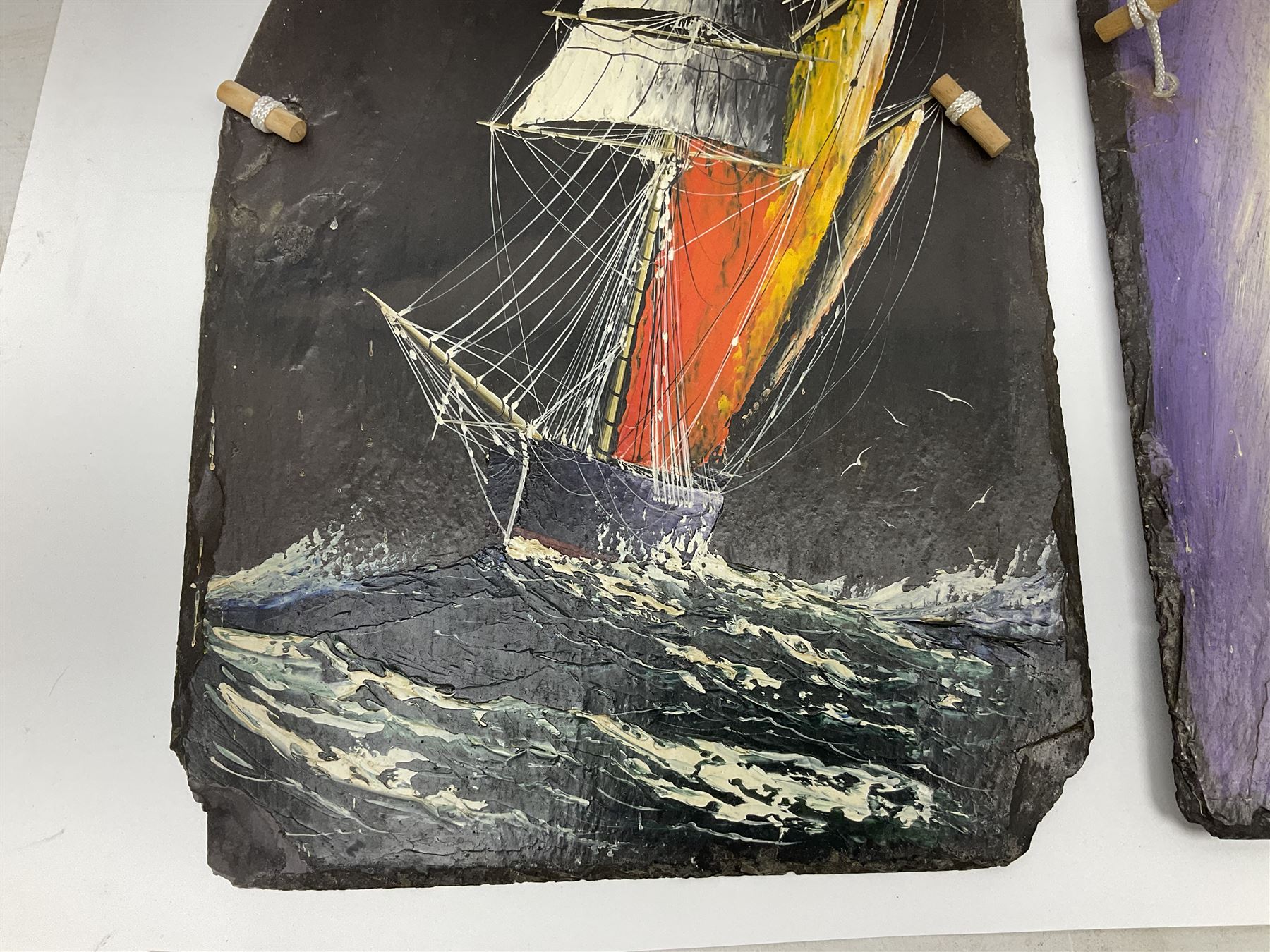 Michael J Whitehand (British 1941-): Three oil paintings of ships on slate signed, largest H40cm, L75cm