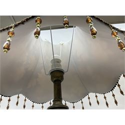 Pair bronzed amphora lamps with pineapple decoration, scroll handles and foliate base with scrolled feet together with pair peach ground shades and raised floral pattern H76cm (2)