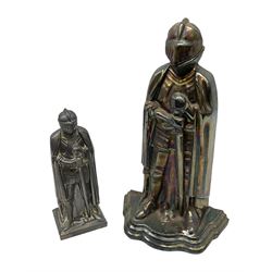 Mid 20th Century cast metal fire companion set modelled as a Medieval knight in armour, H38cm, together with another similar smaller knight