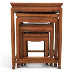 Chinese hardwood quartetto nest of tables, moulded rectangular top, square tapering legs terminating in spade feet