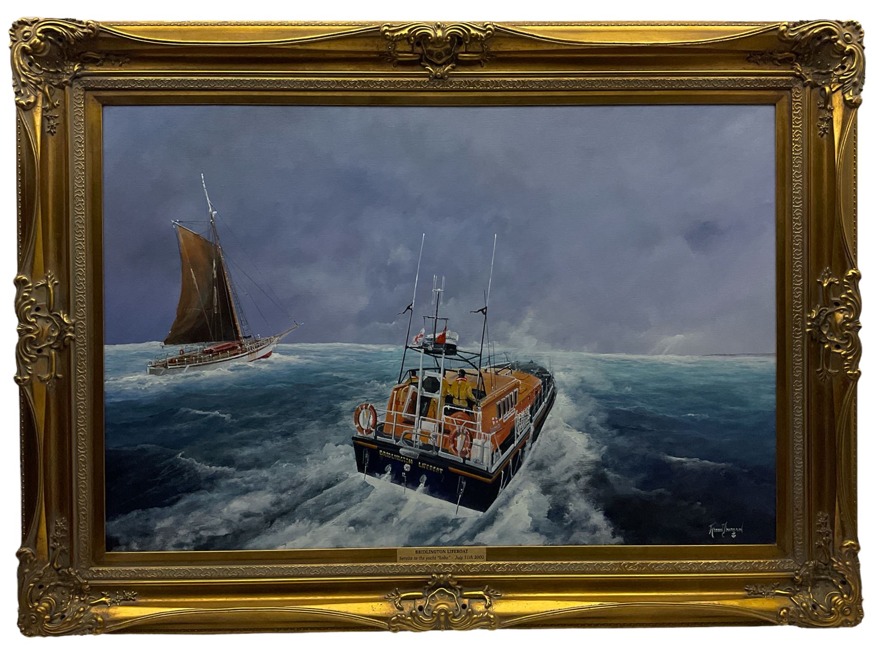 Adrian Thompson (British 1960-): Bridlington Lifeboat 'Marine Engineer' assisting the Yacht 'Lobo', 11th July 2000, oil on canvas signed, titled on the mount 60cm x 90cm