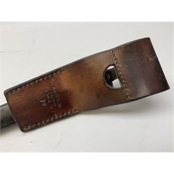 British Enfield 1907 model SMLE bayonet, with 43cm fullered steel blade and metal mounted leather scabbard L58cm overall; and Schmidt-Rubin Model 1918 bayonet the 30cm steel blade marked Elsener Schwyz No.579722; in steel scabbard with leather frog marked G. Bertolini Sellaio Vira/G.Tic 79 L45cm overall (2)