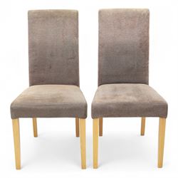 Oak Furnitureland - Pair of contemporary upholstered dining chairs, with high tapering backs and padded seats in taupe brown microfibre fabric, raised on solid oak square section legs