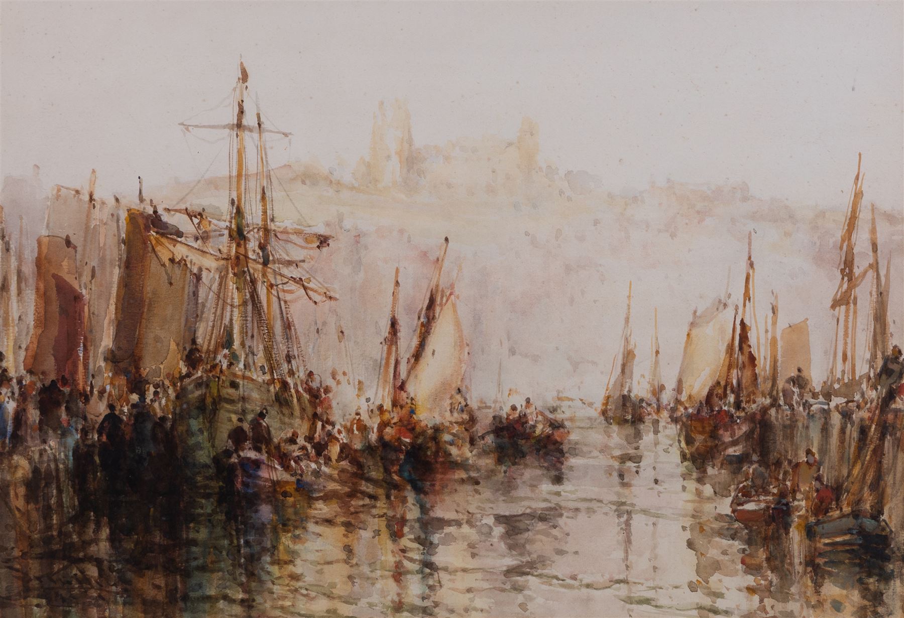 Stephen Frank Wasley (British 1848-1934): Fishing Boats at Dock End Whitby with the Abbey in the Distance, watercolour signed 36cm x 53cm