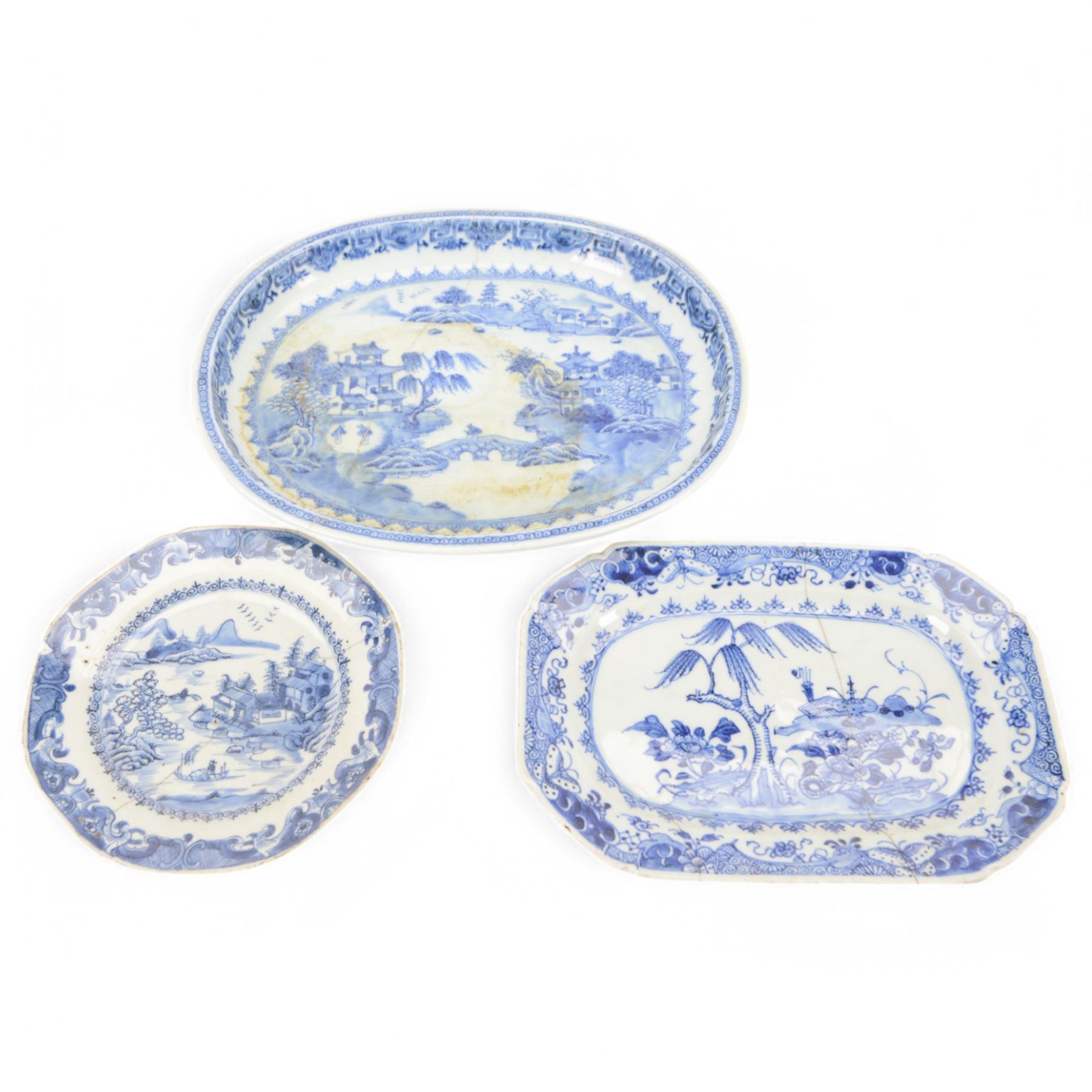 Chinese export plate decorated with a village in a landscape together with two platters 