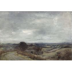 John Henderson (Scottish 1860-1924): Winter Moorland Landscape with Country Lane, oil on canvas signed 22cm x 32cm