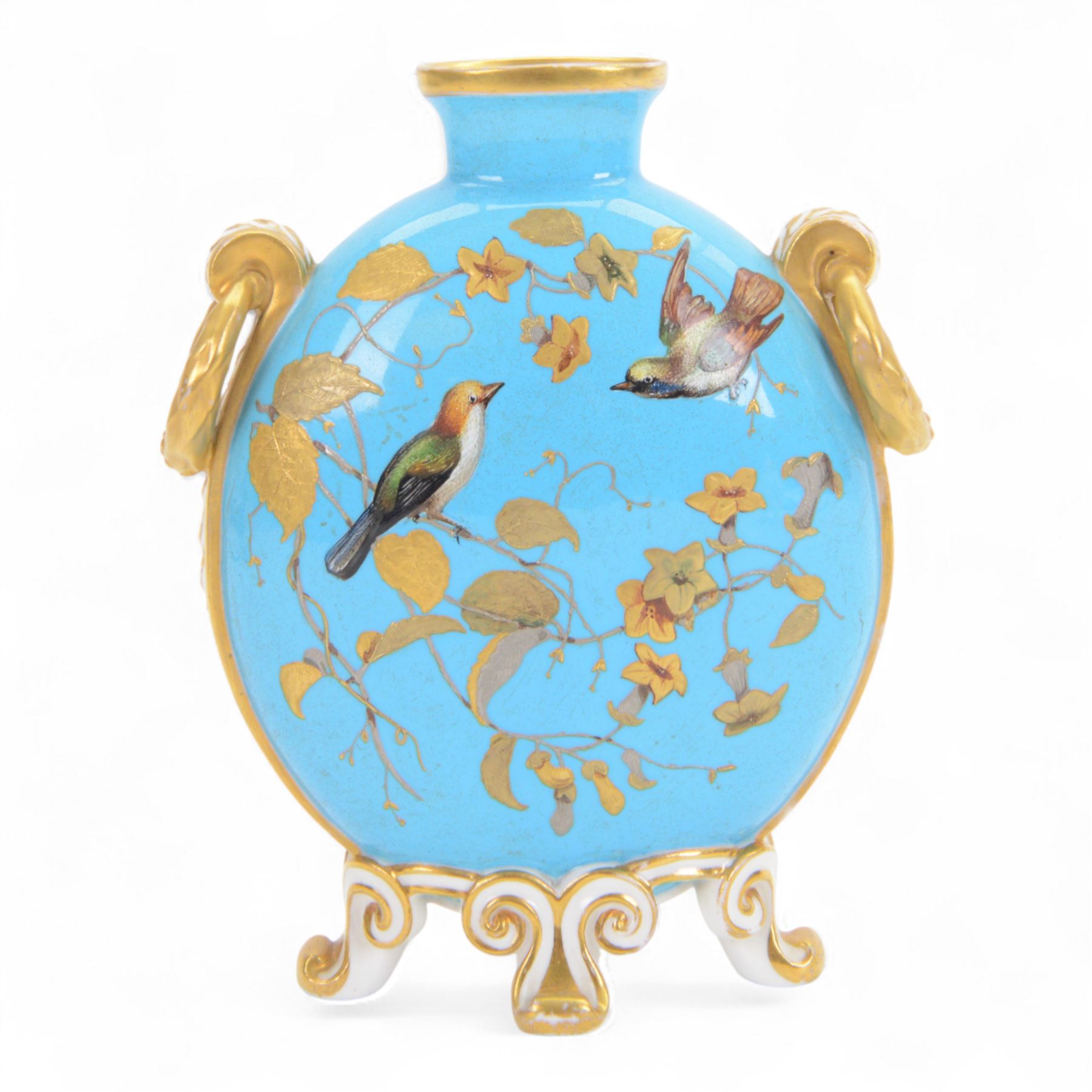 Royal Crown Derby moon flask, decorated with birds in branches upon a blue ground, with gilt detail, printed mark beneath, H20cm