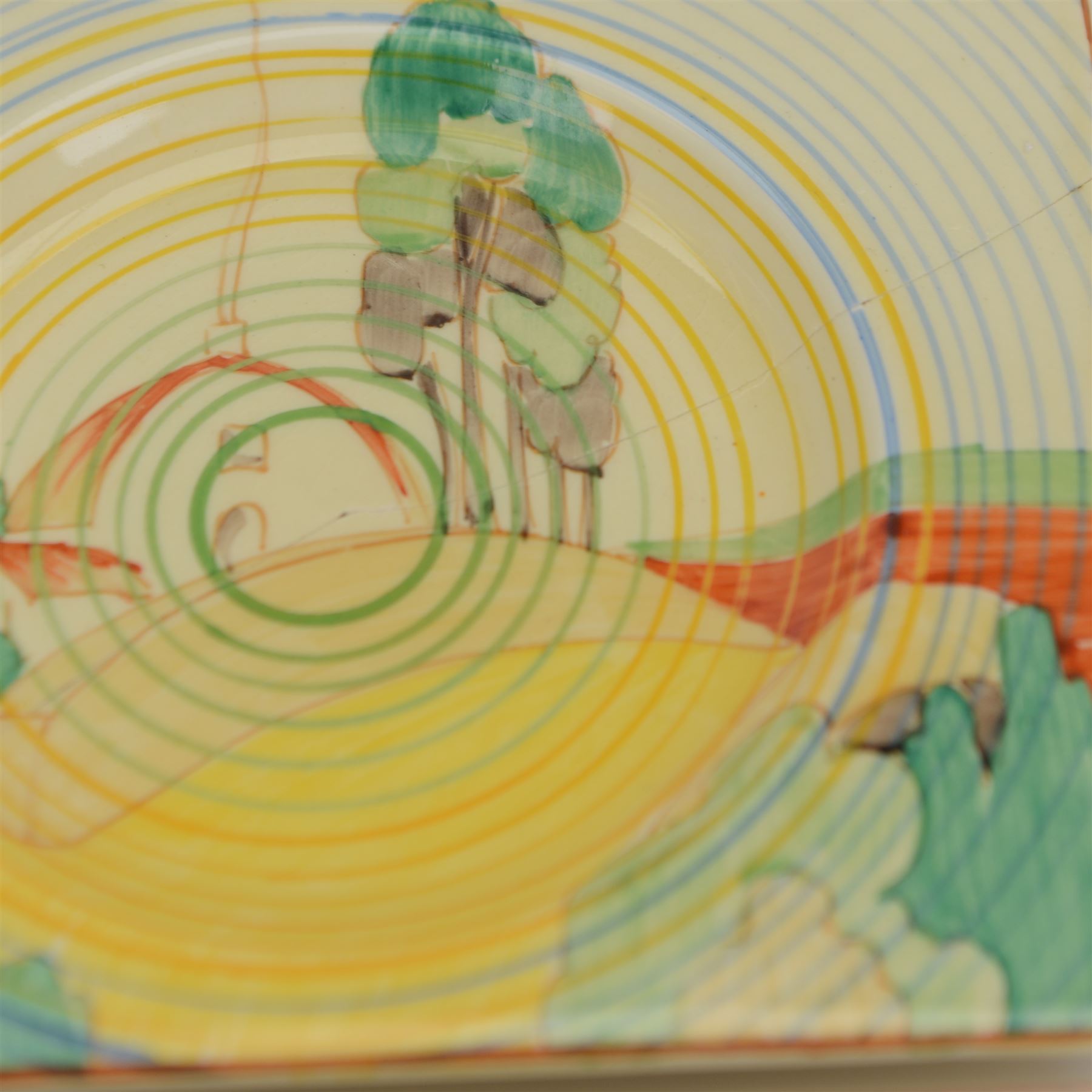 Clarice Cliff Biarritz sandwich set, comprising a rectangular platter and six side plates, all in the Brookfields pattern, the platter with printed Clarice Cliff Newport Pottery and The Biarritz Royal Staffordshire mark beneath, platter H23cm, W19.5cm
