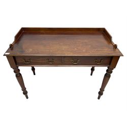 Victorian design mahogany washstand, raised back over rectangular moulded top, fitted with two drawers, on turned supports