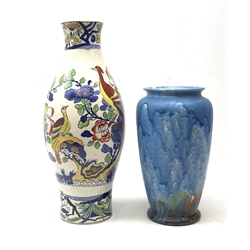 A large Mason's Ironstone vase, decorated birds upon blossoming branches, with printed mark beneath, H46cm, together with a large Crown Ducal Ware blue vase, with printed mark beneath and impressed 123, H31cm. 