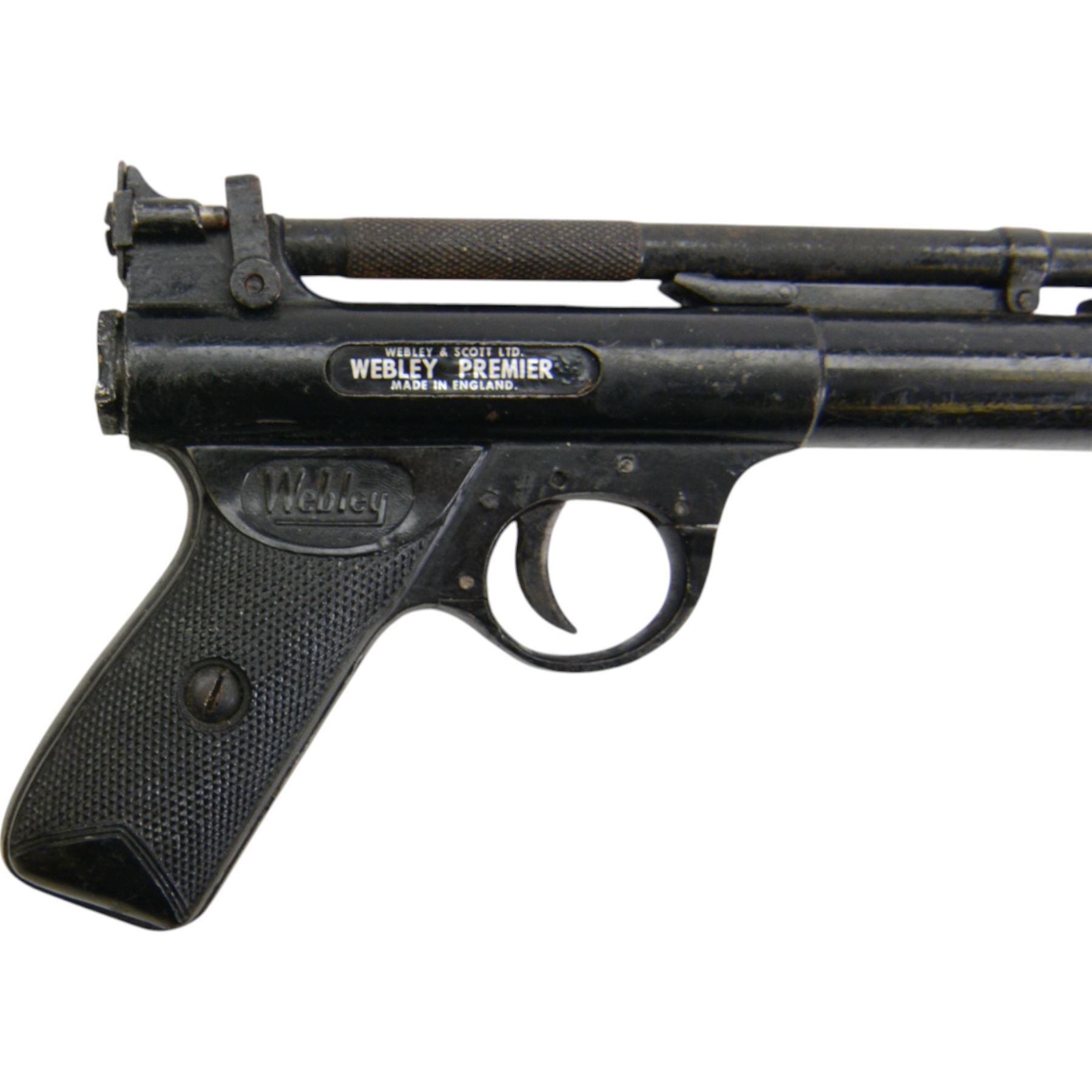 Webley Premier .22 air pistol, batch 947, Series E with 5 pin trigger block, the air chamber marked Webley & Scott Ltd, Webley Premier, Made in England, with checkered grip, H14cm, L19cm