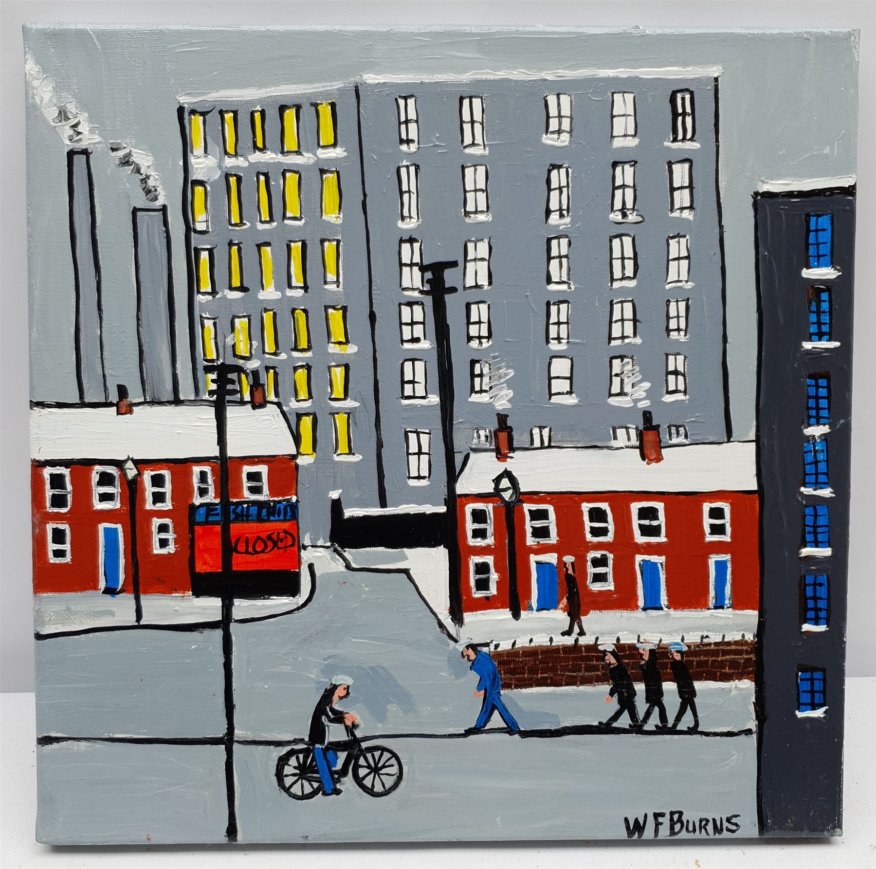 William Findley Burns (Northern British 1949-): 'Mill Town', oil on canvas signed, titled verso 30cm x 30cm (unframed)