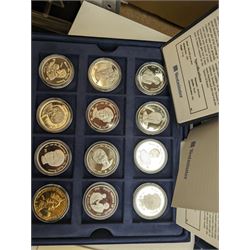 Large collection of modern commemorative coins, mostly being silver proof, including Queen Elizabeth II Bailiwick of Guernsey 1999 'Sir Winston Churchill' one pound, 2000 'HM Queen Elizabeth The Queen Mother', various sterling silver proof coins from the 'Golden Wedding Anniversary Silver Collection' including Bailiwick of Guernsey 1997 five pounds, Bermuda 1997 two dollars, Republic of Malawi 1997 five kwacha, Falkland Islands 1997 five pounds, Bailiwick of Jersey 1997 five pounds, Alderney 1997 two pounds etc, various sterling silver proof and portrait highlighted in gold coins from the 'Golden Jubilee Collection' including Cayman Islands 2002 two dollars, Bailiwick of Guernsey 2003 five pounds etc, housed in various coin displays or cases, mostly with certificates