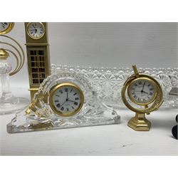 Six small mantel clocks; Grace Darling moulded glass dish; and boxed Beswick figure