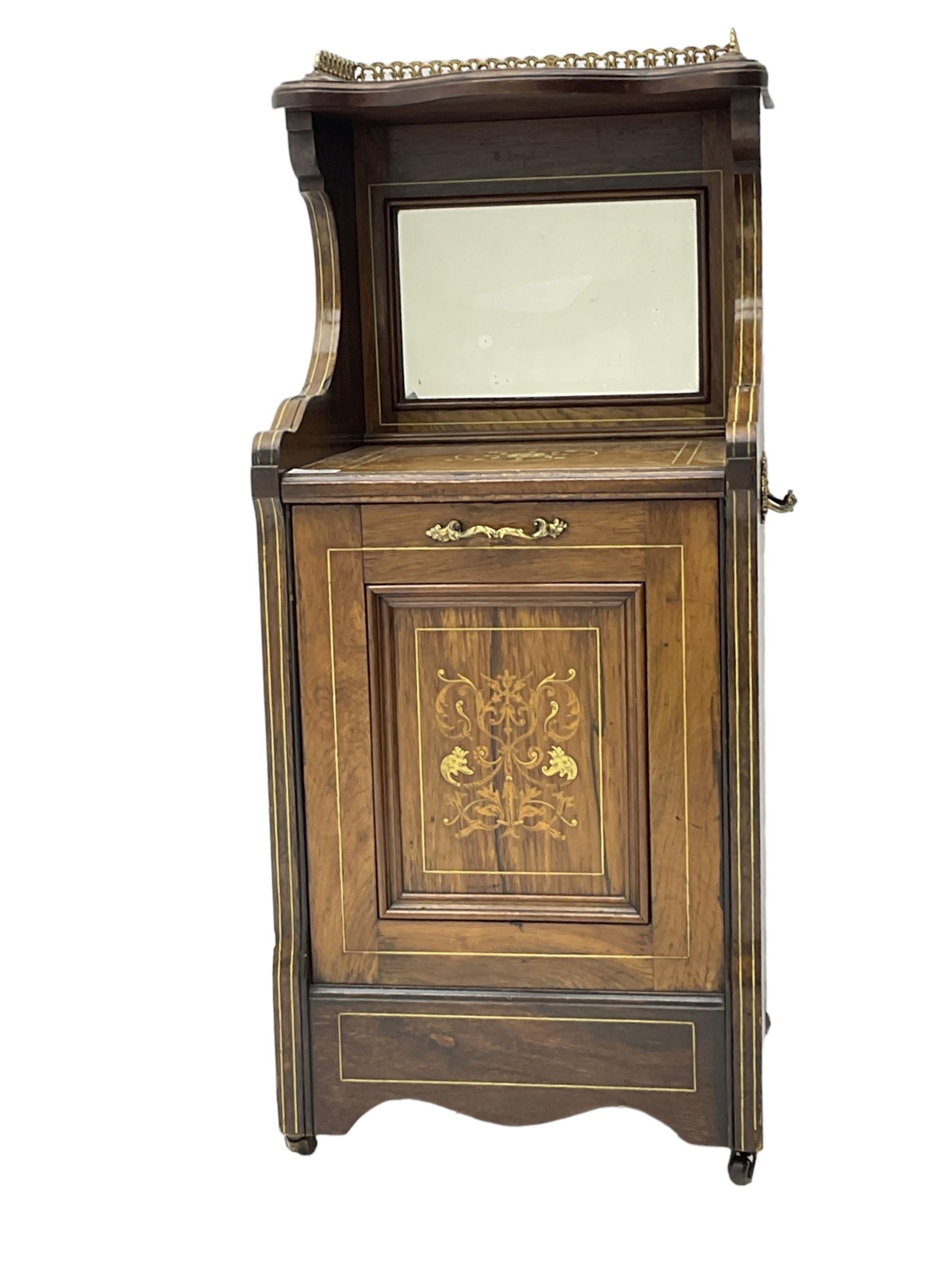Edwardian inlaid rosewood  fall-front coal purdonium serpentine top with raised fretwork gallery, over bevelled mirror-back, the panelled fall-front door inlaid with foliate patterned ivorine and boxwood, on castors