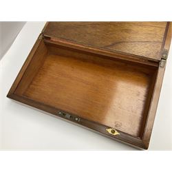 19th century burr yew wood tea caddy, of sarcophagus form, with strung details and brass mounts, the interior split into three compartments, upon four brass bun feet, together with an oak and brass bound writing slope, with red leather interior with gilt detailing, largest H16cm, W40cm