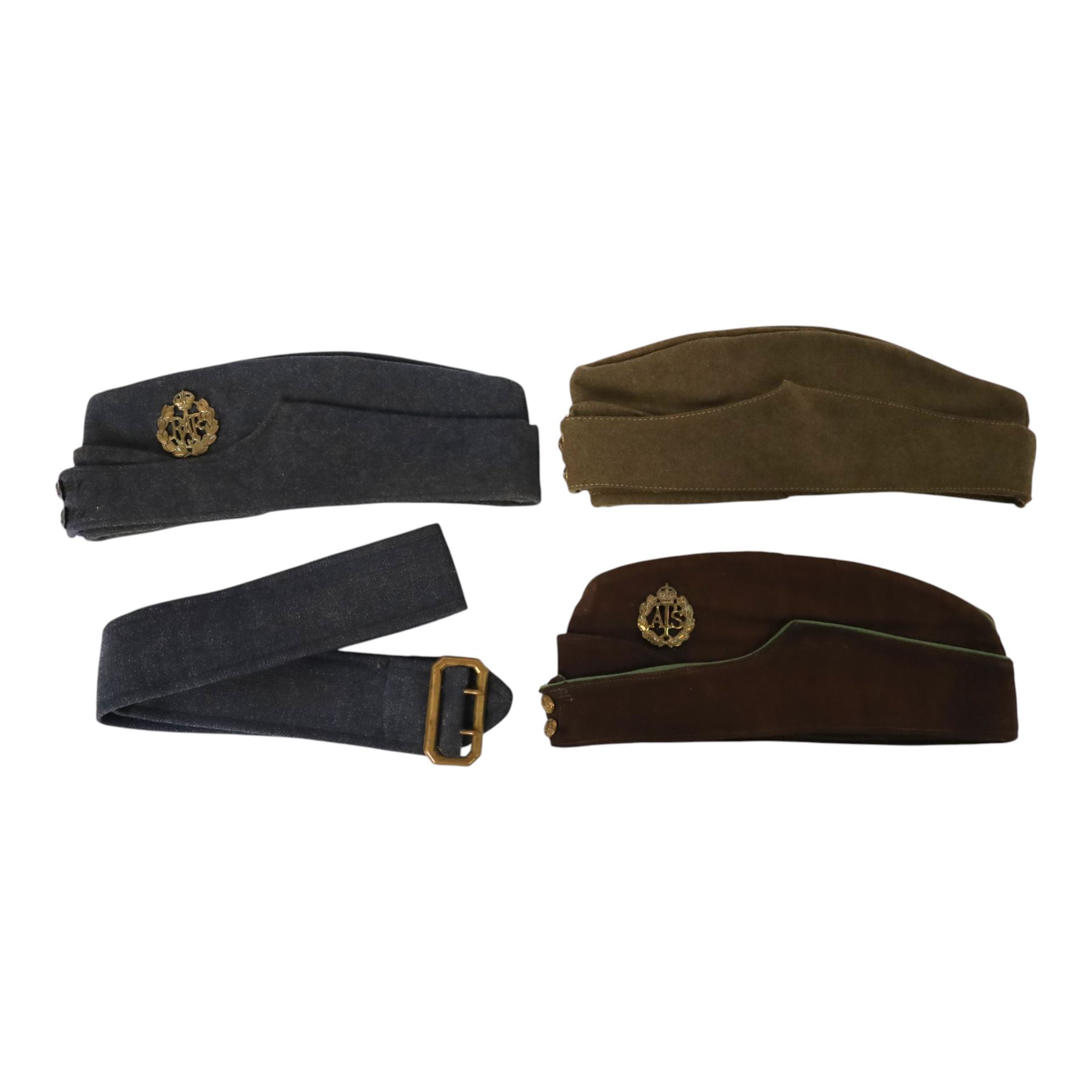 WWII service caps, comprising RAF cap and belt, Army Service Corps cap  by Sanders and Brightman and Auxiliary Territorial cap