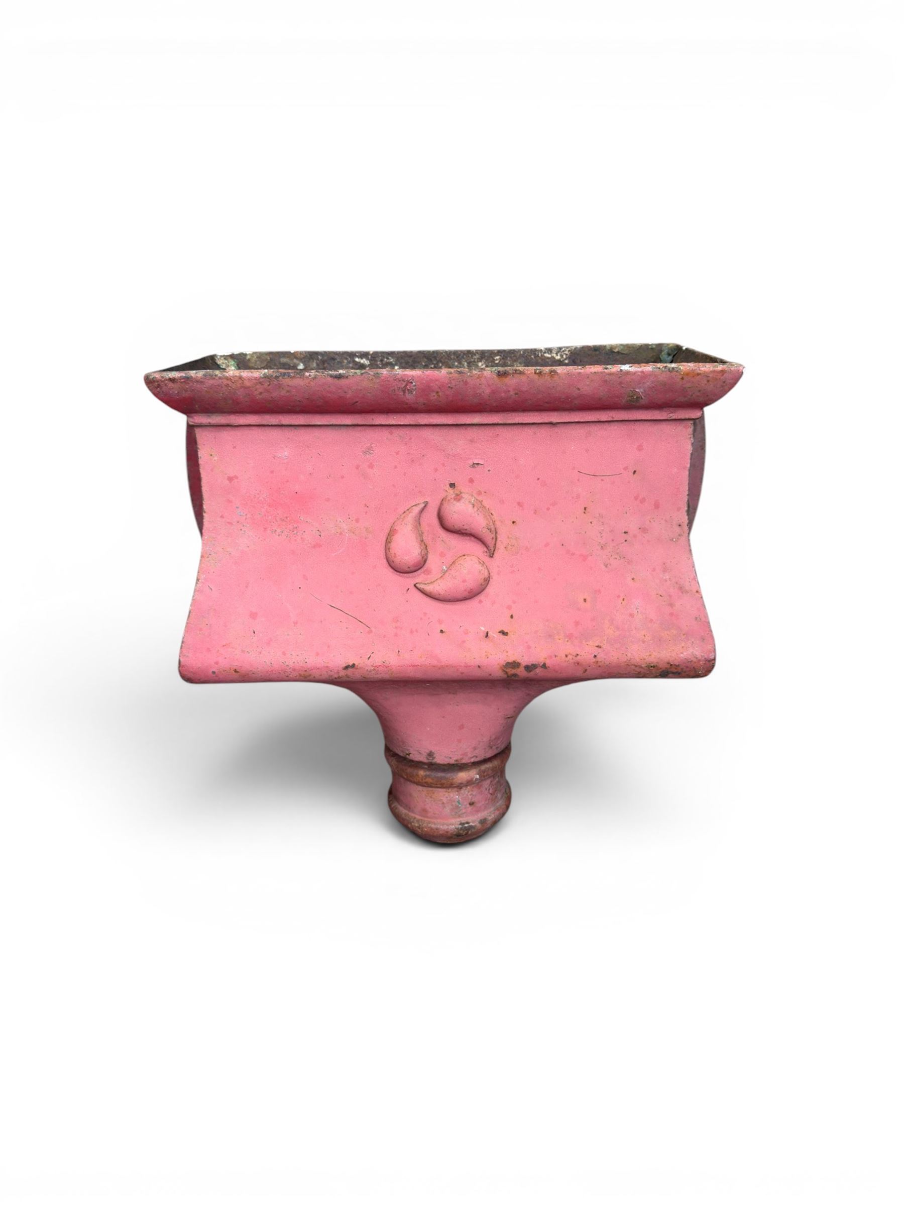 Edwardian heavy cast iron rainwater hopper, with water motif, painted in pale red finish