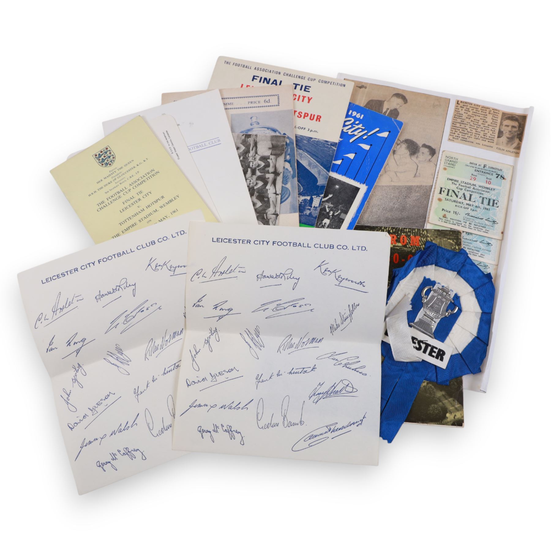 1961 Football Association Challenge Cup Final Leicester City vs. Tottenham Hotspur ephemera, including match programme, three ticket stubs, newspaper clippings,, programme of arrangements, invitations addressed to Mr & Mrs C Appleton to dinners in honour of the cup final, rosette, Sheffield United vs Leicester City 1961 Challenge Cup semi-final programme, highlights record and Success City Wembley 1961 publication