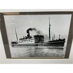 Set of twelve monochrome photographs of mid-20th century merchant vessels comprising general cargo ships, cargo liners, RMMV passenger cargo liners and hospital ship including Rowallan Castle, Drakensberg Castle, Stirling Castle, Capetown Castle, Pachumba, Tilapa etc; average size 18 x 24cm; uniformly mounted in black frames (12)