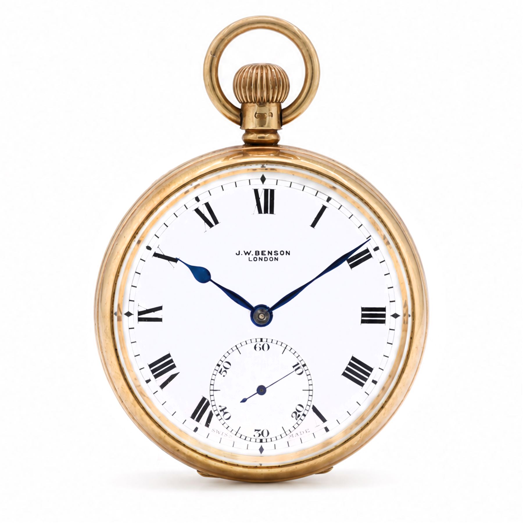 Early 20th century 9ct gold open face keyless lever pocket watch by J. W. Benson, London, white enamel dial with Roman numeral hour markers and subsidiary seconds dial, case by Dennison, Birmingham 1930