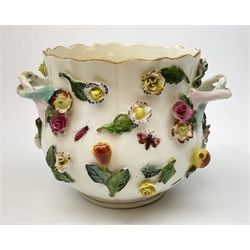 A Potschappel pot, with encrusted flower decoration and painted insects, H12cm.