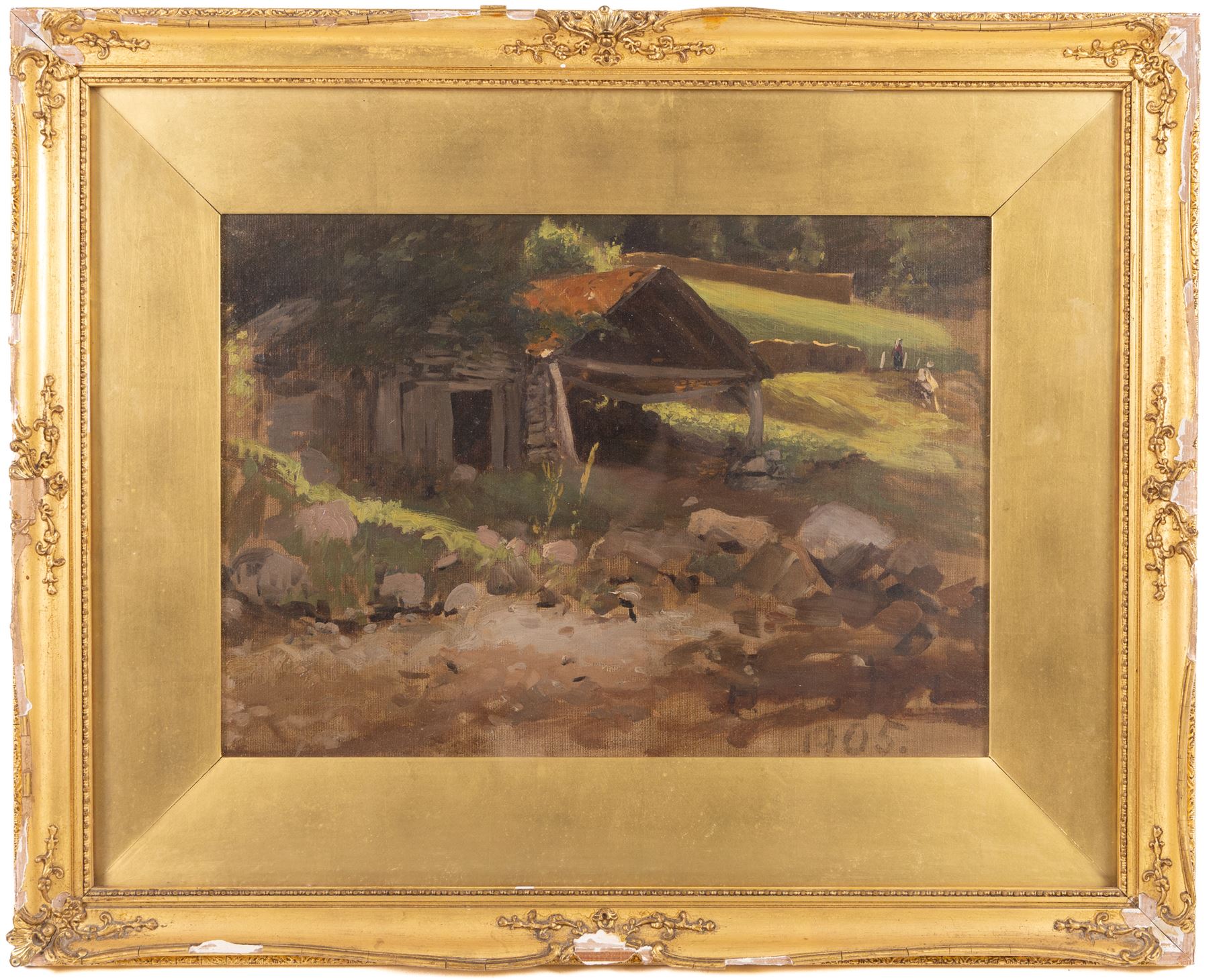 English School (19th/20th Century): Old Farmhouse, oil on canvas laid on board indistinctly signed and dated 1905, 28cm x 39cm