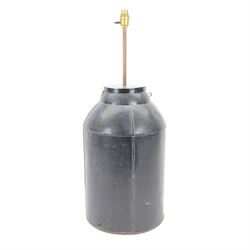 Early 20th century Japanned tole tea cannister lamp, of cylindrical form with tapering top, decorated in gilt with a figure in a garden setting, including fittings H73.5cm