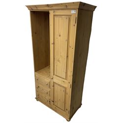 Traditional pine combination wardrobe, recessed cupboard with mirror back, fitted with single cupboard and three drawers