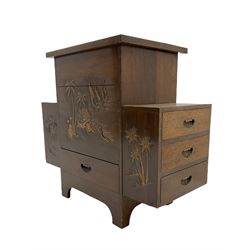Chinese hardwood cabinet, hinged top over drawer, one side fitted with cupboard and the other side fitted with three small drawers, carved with traditional Chinese scenes