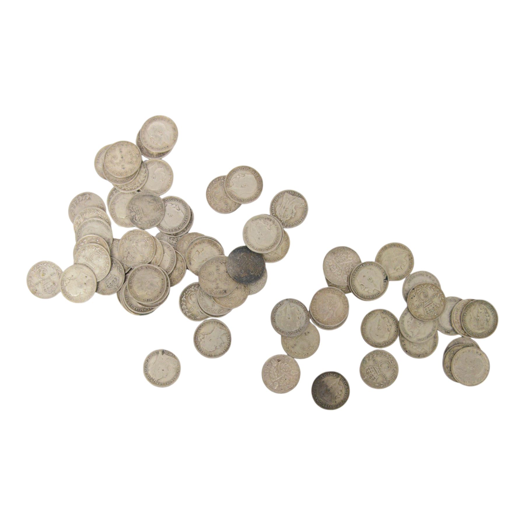 Approximately 74 grams of Great British pre-1920 and approximately 33 grams of Great British pre-1947 silver threepence coins