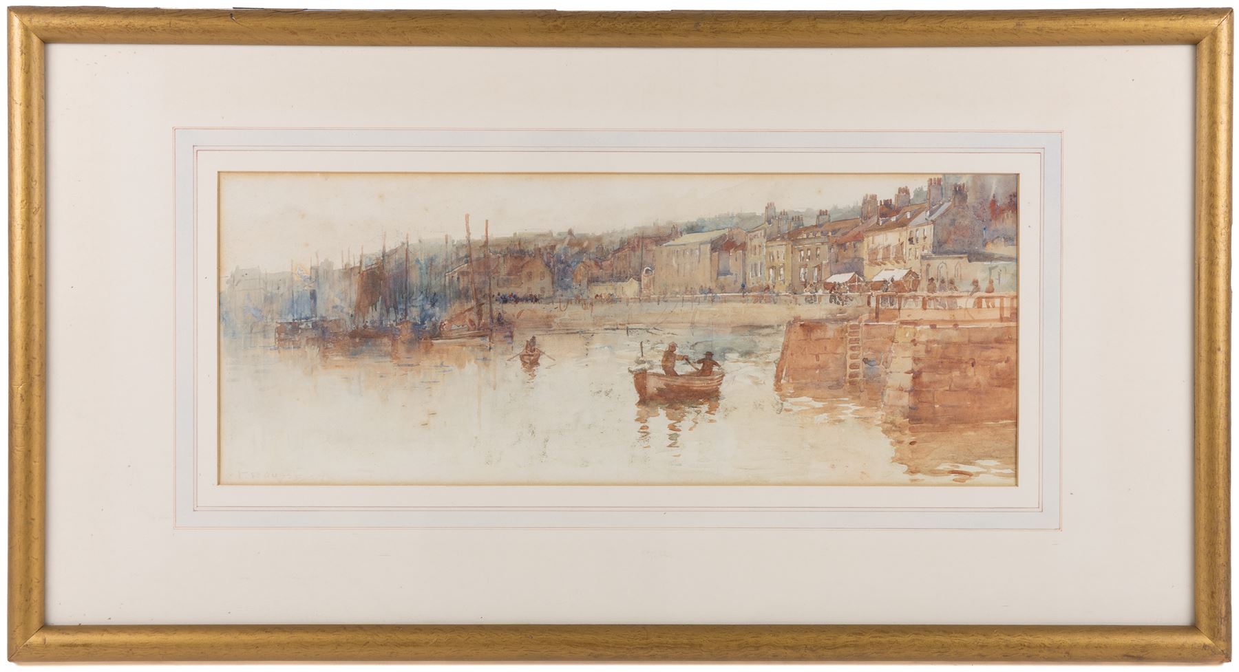Frank Rousse (British fl.1897-1917): Fishing Boats and Paddle Steamer alongside Pier Road Whitby, watercolour signed 21cm x 54cm