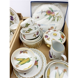 Royal Worcester Evesham pattern dinner and tea wares, comprising four tureens and covers, six coffee cups and six saucers, two tea cups and two saucers, three bowls, two jugs, two sauce boats, various serving dishes, etc. (Qty). 