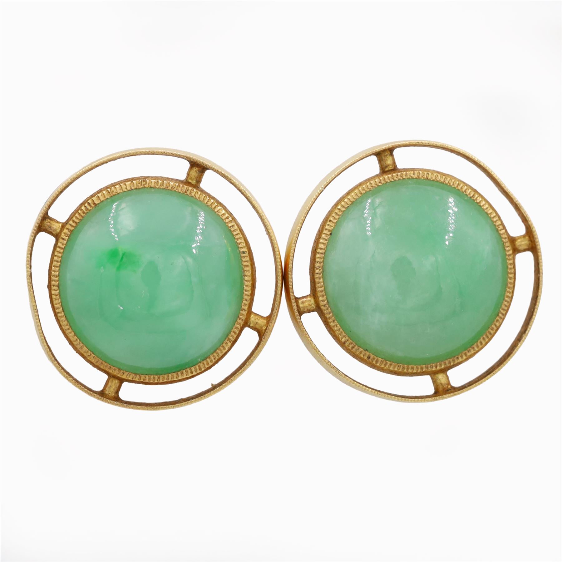 Pair of 21ct gold jadeite earrings, each screw back stud set with a circular cabochon jadeite