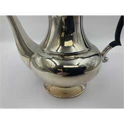 1920s five-piece silver tea service, comprising teapot, coffee pot, hot water pot, twin handled open sucrier and milk jug, each of squat circular form with shaped rim, the teapot, coffee pot and hot water pot each with ebonised handle and finial, the sucrier and milk jug with acanthus capped scroll handles, all upon circular foot, hallmarked R F Mosley & Co, Sheffield 1926 & 1927, tallest H24cm