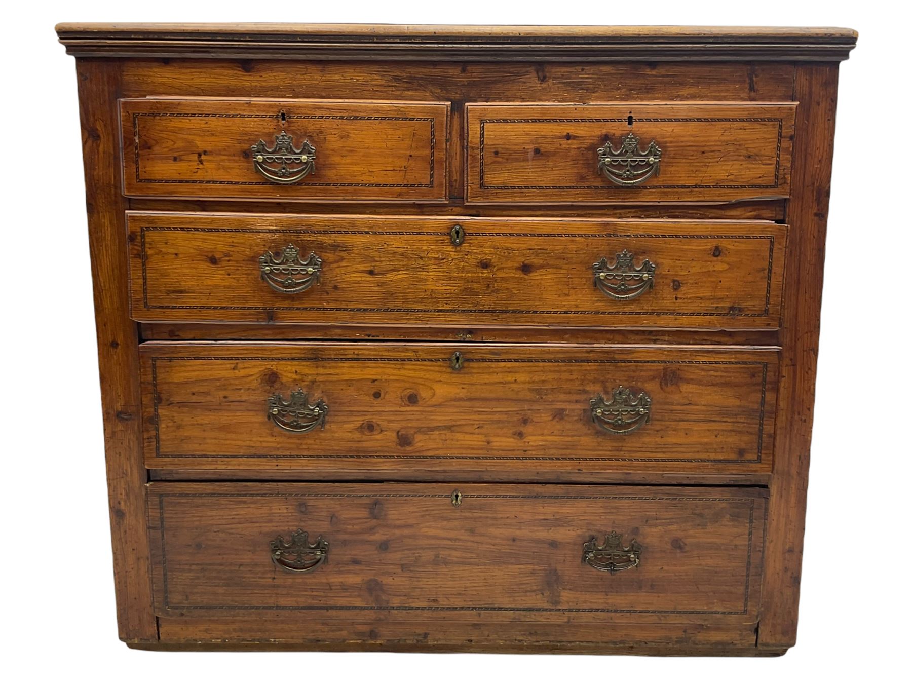 Georgian elm and pine chest, fitted with two short and three long drawers, chequered drawer bandings