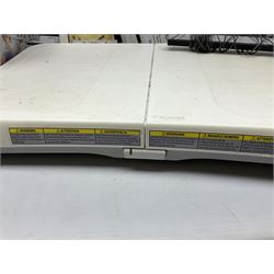 Nintendo Wii console, four controllers with cases and four nunchucks, Wii sensor bar, balance board and dance mat. Guitar hero wireless guitar for Wii and Redoctane wired guitar. Nintendo DS lite handheld gaming console, console and game cases and Guitar Hero Redoctane Guitar Grip. Selection of Nintendo Wii and Nintendo DS lite games to include Super Mario Galaxy, Guitar Hero, Wii Fit, Legend of Zelda games etc. Archos AV400 Series pocket video recorder with accessories, cradle and remote, in three boxes