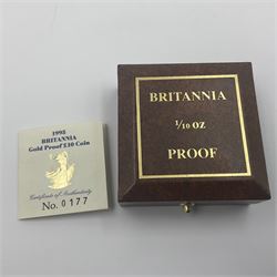 Queen Elizabeth II 1995 gold proof 1/10 ounce Britannia coin, cased with certificate