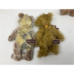 Seven Charlie Bears, comprising limited edition Anniversary Cheesecake SJ5471, designed by Isabelle lee, 431/500, Nuala CB185169, Liddy CB161648A, Philomena CB151592, and AJ CB171784B, each designed by Isabelle Lee, plus Shenanigans CB205243O, and another example lacking tag 