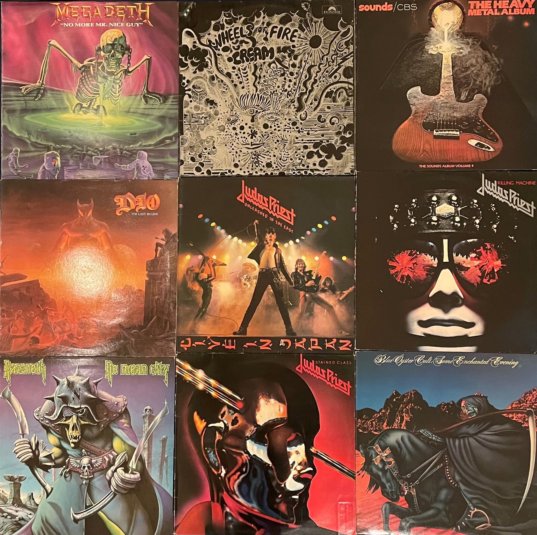 Heavy Metal/ Hard Rock LP's: Cream - Wheels of Fire (583 040) sealed, Blue Oyster Cult - Some Enchanted Evening, Nazareth - No Mean City, Duo - The Last in Line, Judas Priest - Stained Class, Killing Machine & Unleashed in the East, Megadeth - No More Mr Nice Guy etc (9)