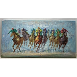 R Young (Late 20th century): Th Final Furlong, oil impasto on canvas signed 61cm x 121cm (unframed)