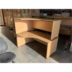 Two light oak left hand office desks and matching right hand office desk 120cm x 120cm (3) - THIS LOT IS TO BE COLLECTED BY APPOINTMENT FROM DUGGLEBY STORAGE, GREAT HILL, EASTFIELD, SCARBOROUGH, YO11 3TX