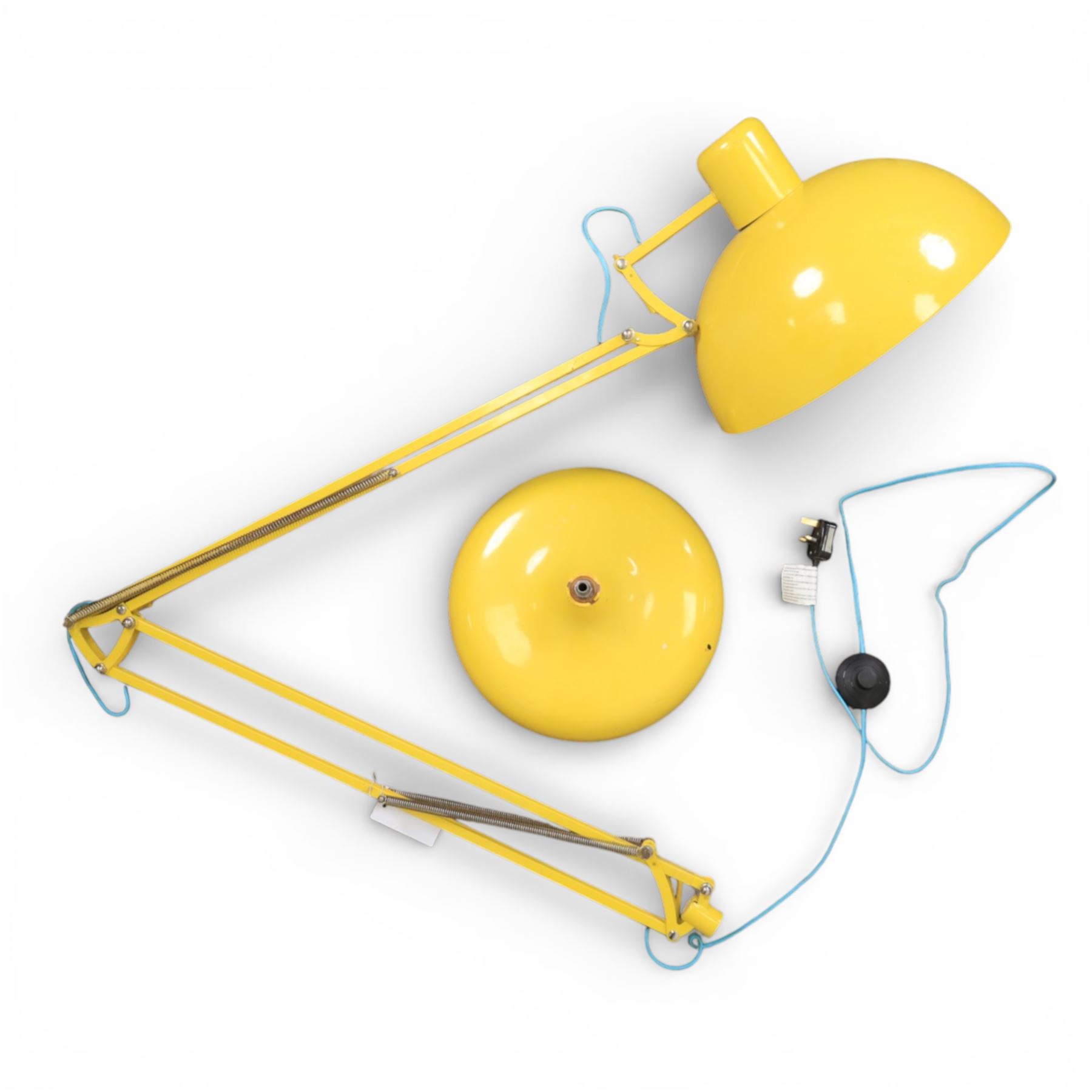 Contemporary yellow floor lamp, in the manner of Anglepoise, counter balance sprung arm, light blue cord with a weighted base, base unable to thread on arm