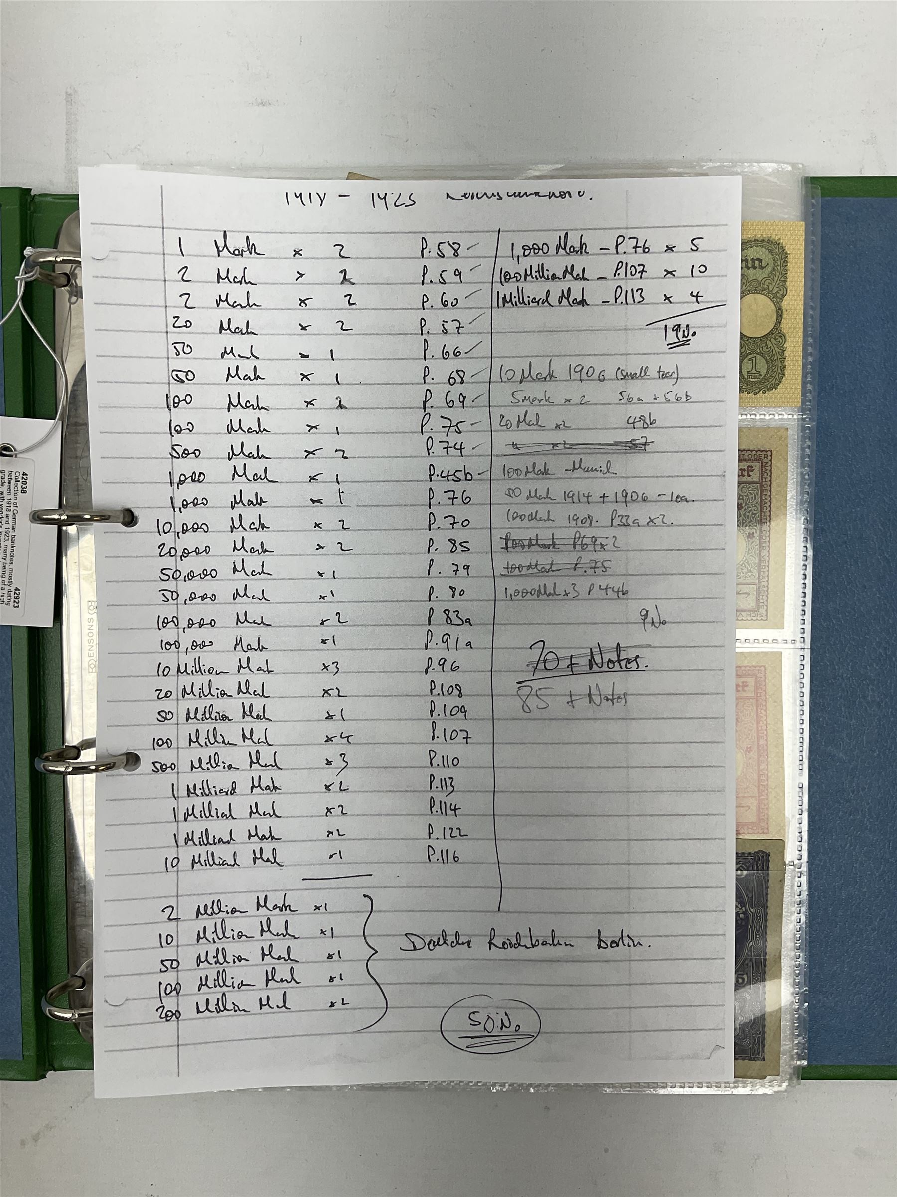 Collection of German banknotes, mostly dating between 1918 and 1923, many being of a high grade, with vendor's inventory, housed in a ring binder