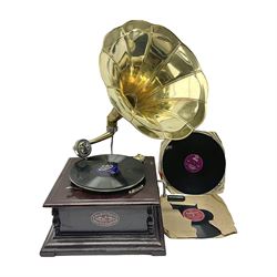 Gramophone, with brass horn and a collection of records