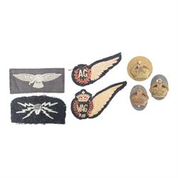 RAF scarce cloth embroidered Wireless Operator Air Gunner brevet and Air Gunner, together with wireless operator patch, eagle shoulder patch and three flight sergeant crowns 
