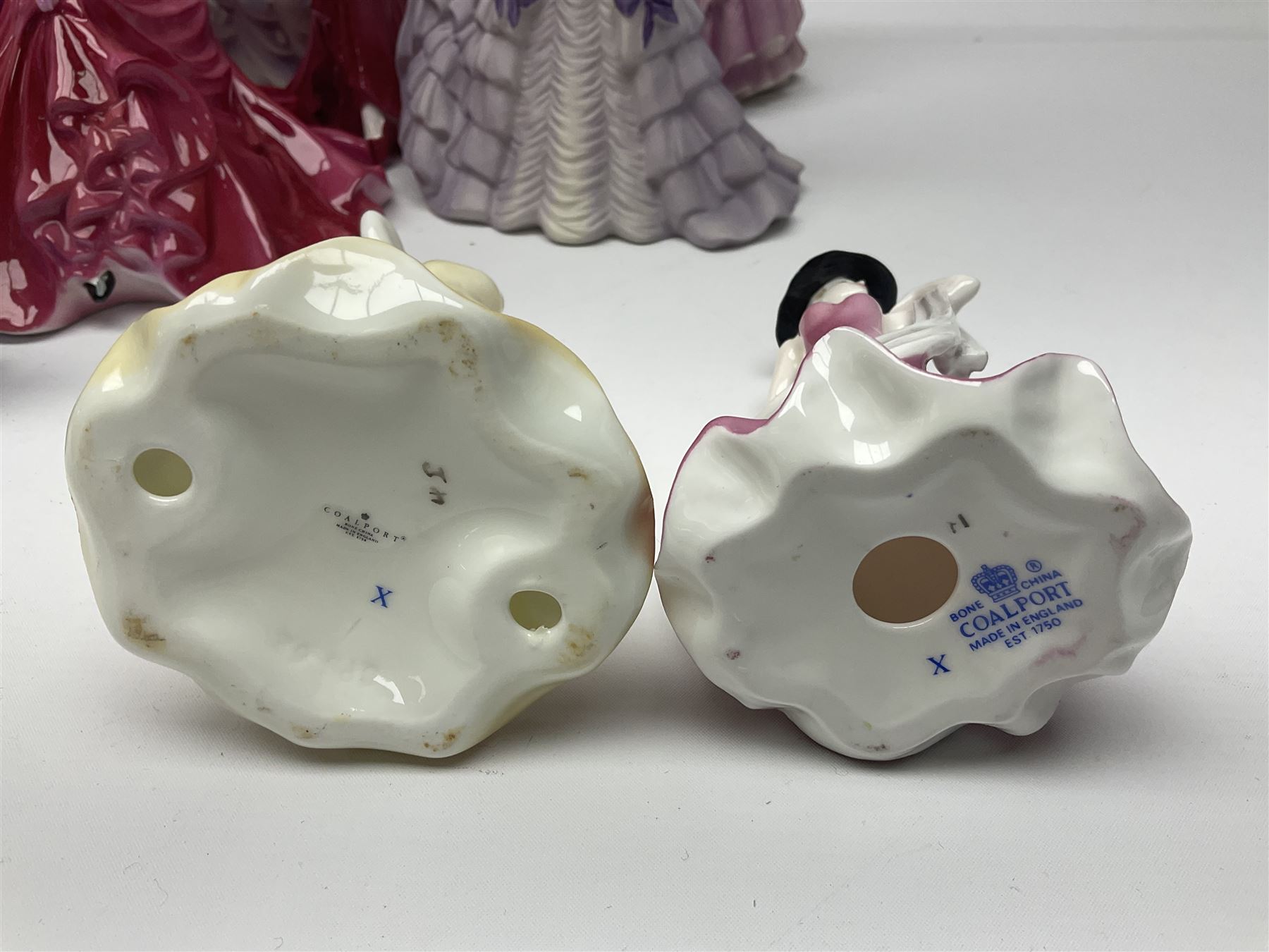 Nine Coalport figures, including Age of Elegance Evening Promenade, The Lovely Lady Christabel and Ladies of Fashion Pamela, together with eight miniature Coalport figures