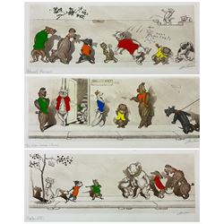 Arthur 'Boris' Klein (French  1893-1985): 'Eternels Enemies' 'Le Profanateur' 'Tu Viens Beau Blond' 'Sans Interdit' and 'O' Liberte', five etchings with hand colouring (and one duplicate) signed and titled in pencil from the 'Dirty Dogs of Paris' series 16cm x 44cm (6) (unframed)