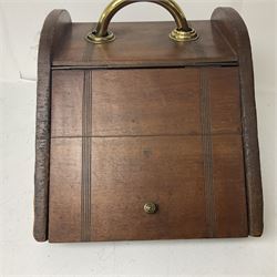 Fall front coal box with carrier handle, together with brass fire tools and a stick stand 